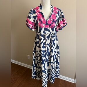 NWT THML Navy and White Maxi Dress with Pink Embroidered Floral